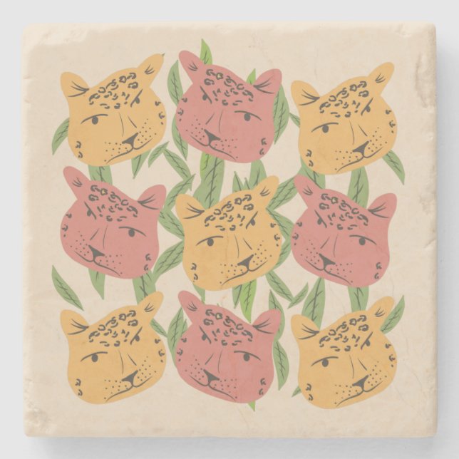 Cheetah Jungle Plants Greenery Coral Grönt Stenunderlägg (Framsidan)