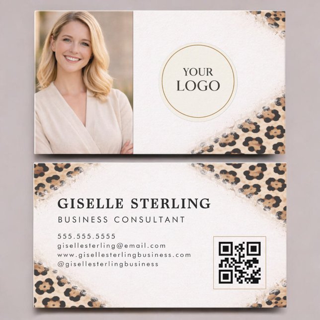 Cheetah Leopard Print Logotyp Foto QR-kod Visitkort (Skapare uppladdad)