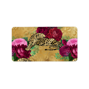 Cheetah Leopard Röd ros Blommigt Flower Mönster Adressetikett