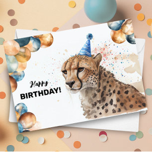 Cheetah med Balloons och Party Hat Grattis på föde Kort