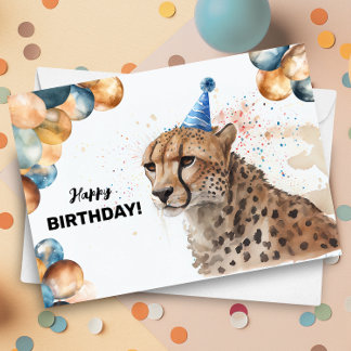 Cheetah med Balloons och Party Hat Grattis på föde Kort