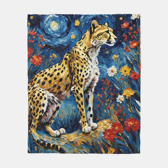 Cheetah med Flowers Fleecefilt (Framsidan)