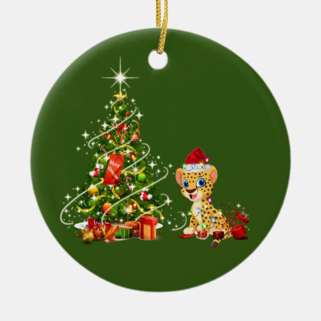 Cheetah med Hat Scaft-jul Julgransprydnad Keramik (Framsidan)