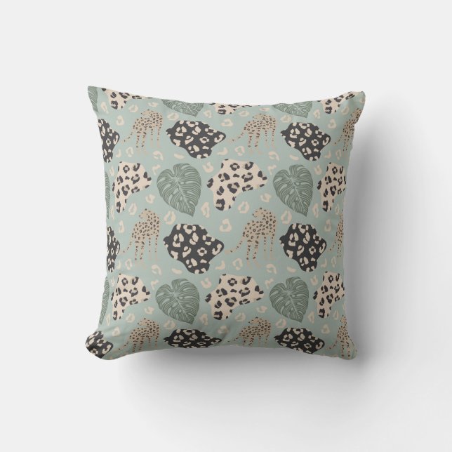 Cheetah Monstera Mönster Grönt Beige Black Kudde (Framsida)