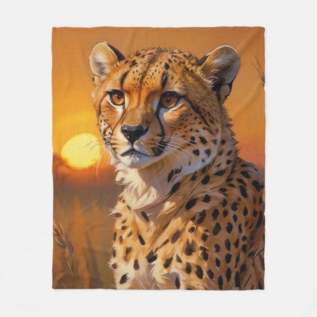 Cheetah och Sunset African Savannah Fleecefilt (Framsidan)