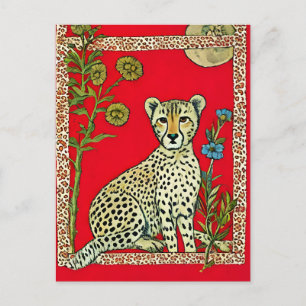Cheetah på en röd bakgrund med blommor vykort