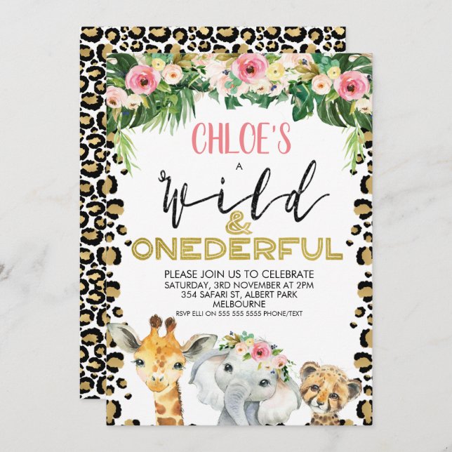 Cheetah Print Blommigt Oenderful Birthday Inbjudningar (Fram/baksida)