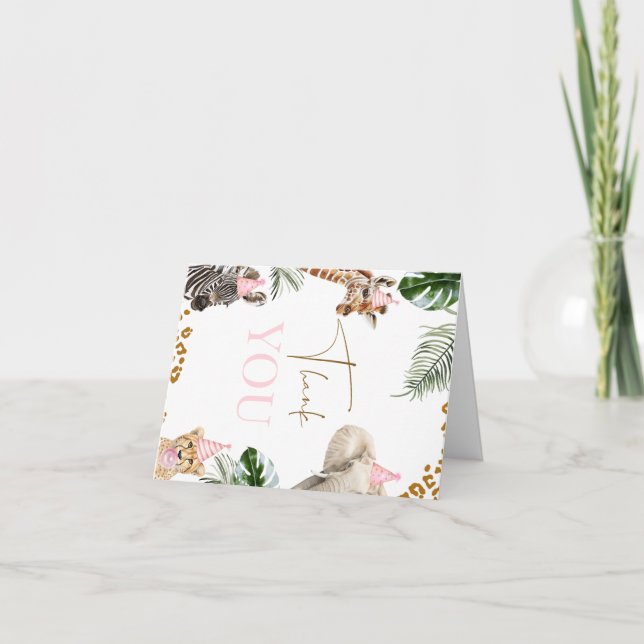 Cheetah Print Girls Safari Vild Ett första födelse Tack Kort (Framsida)