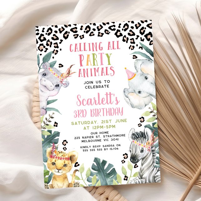 Cheetah Print ringer alla Party-djur på födelsedag Inbjudningar (Safari Themed Calling All Party Animals Birthday Invitation Girl, Safari Birthday Party Invite,)