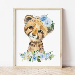 Cheetah, Safari, Jungle, Blåa blommor, Boy Nursery Fototryck