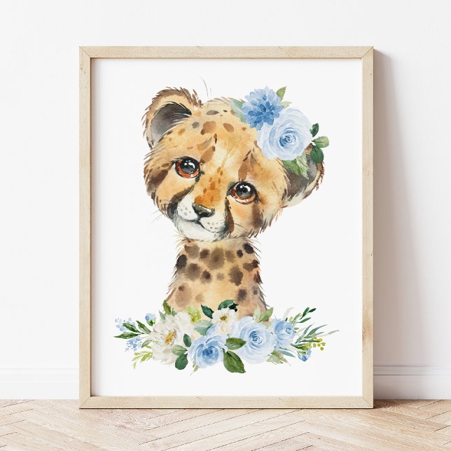 Cheetah, Safari, Jungle, Blåa blommor, Boy Nursery Fototryck (Skapare uppladdad)