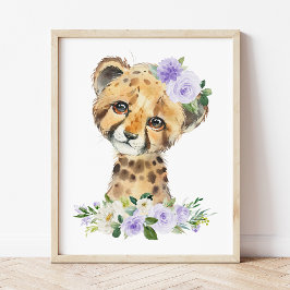 Cheetah, Safari, Lila blommor, Gender Neutral Fototryck