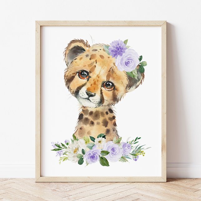 Cheetah, Safari, Lila blommor, Gender Neutral Fototryck (Skapare uppladdad)