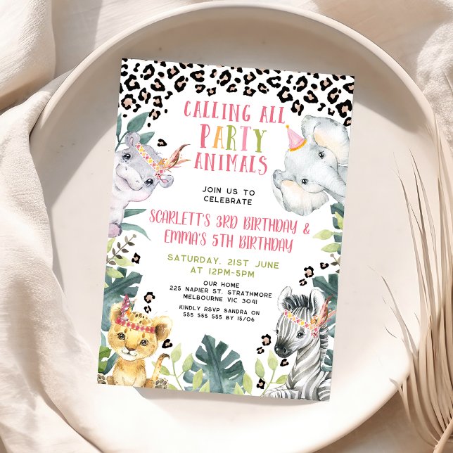 Cheetah som ringer alla Party-djur Inbjudningar (Joint Safari Birthday Invitation Girls, Calling All Party Animals Safari Invite, Tribal Headpiece)