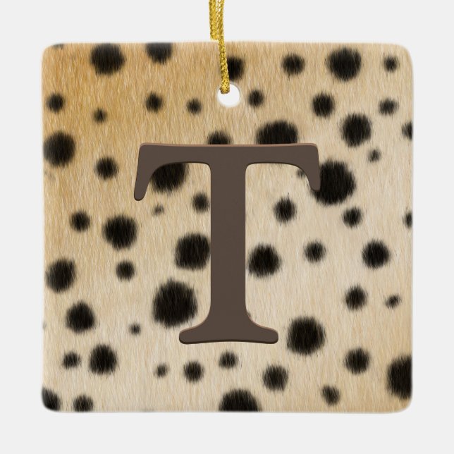 Cheetah Spots Päls Brown Monogram & Anpassningsbar Julgransprydnad Keramik (Framsida)
