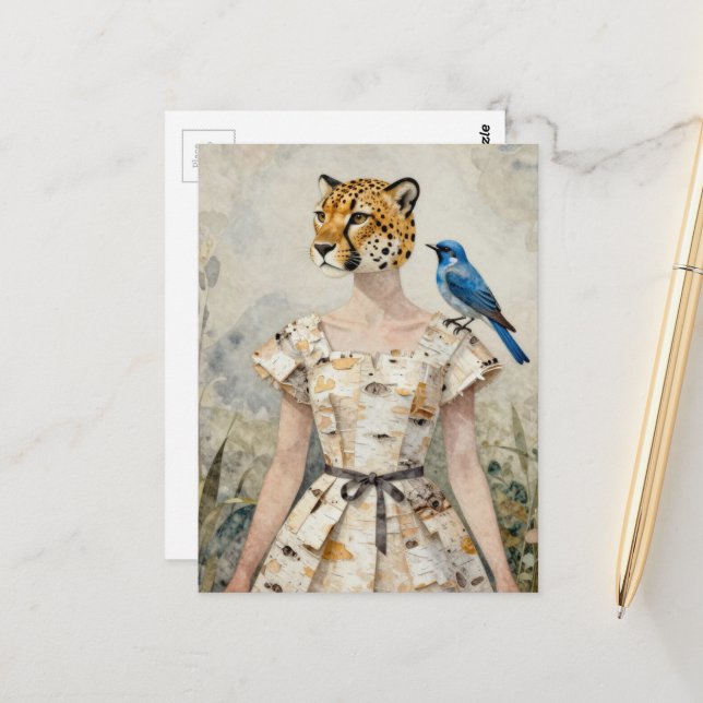 Cheetah Woman in a Birch Bark Dress Fashion  Vykort (Fram/Back In Situ)