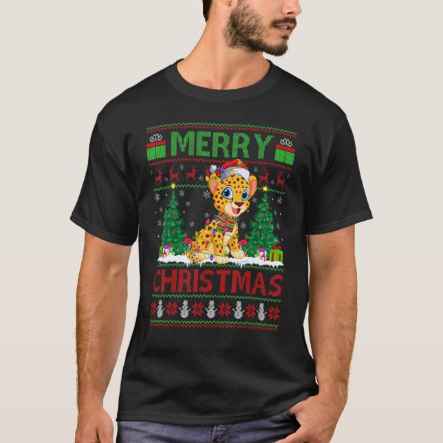 Cheetah   Xmas Tree Lights Ugly Santa Cheetah Chri T Shirt (Framsida)