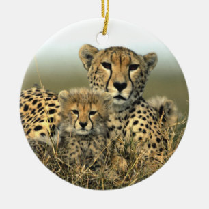 Cheetahmamma- och ungeprydnad julgransprydnad keramik