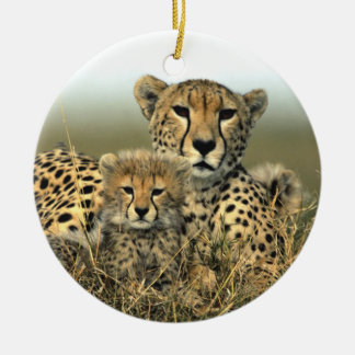 Cheetahmamma- och ungeprydnad julgransprydnad keramik