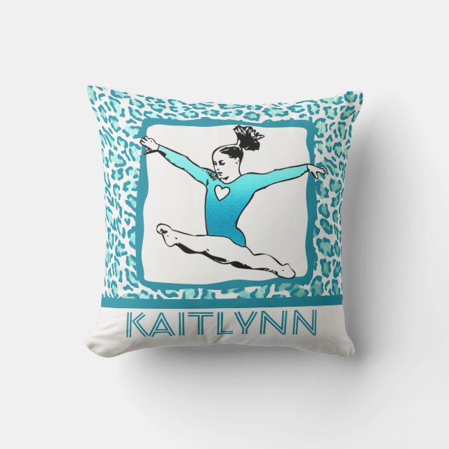 Cheetahtryckgymnastik i turkos med monogramen kudde (Framsida)