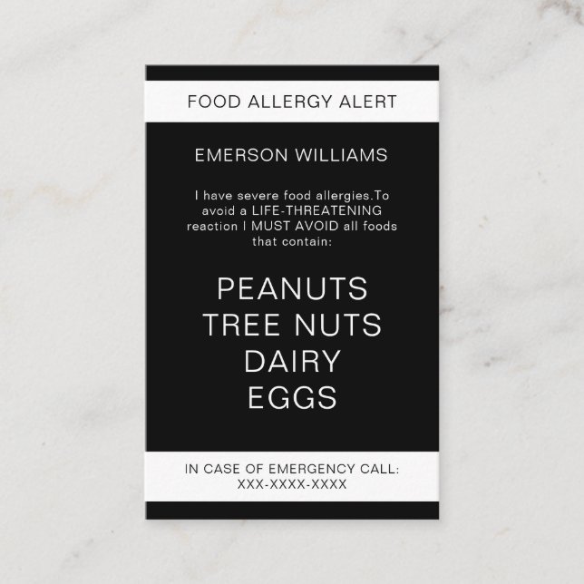 Chef Card för Personlig av livsmedelsallergi Visitkort (Framsida)