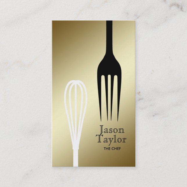 Chef Catering Restaurant Bake Fork Whisk Guld Visitkort (Framsida)