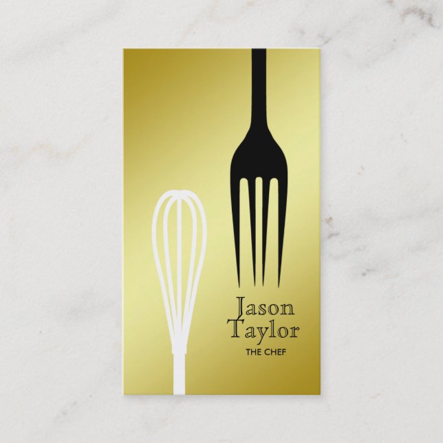 Chef Catering Restaurant Bakery Fork Whisk Guld Visitkort (Framsida)