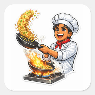 Chef Cooking Fried Rice Sticker Fyrkantigt Klistermärke