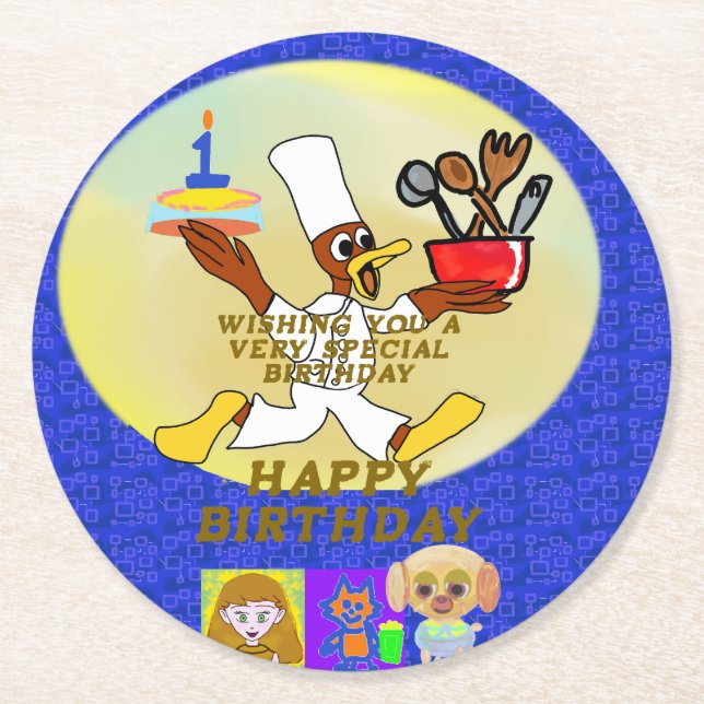 Chef Ducky Kazoo Blue Geometric Papper Underlägg Rund (Framsidan)