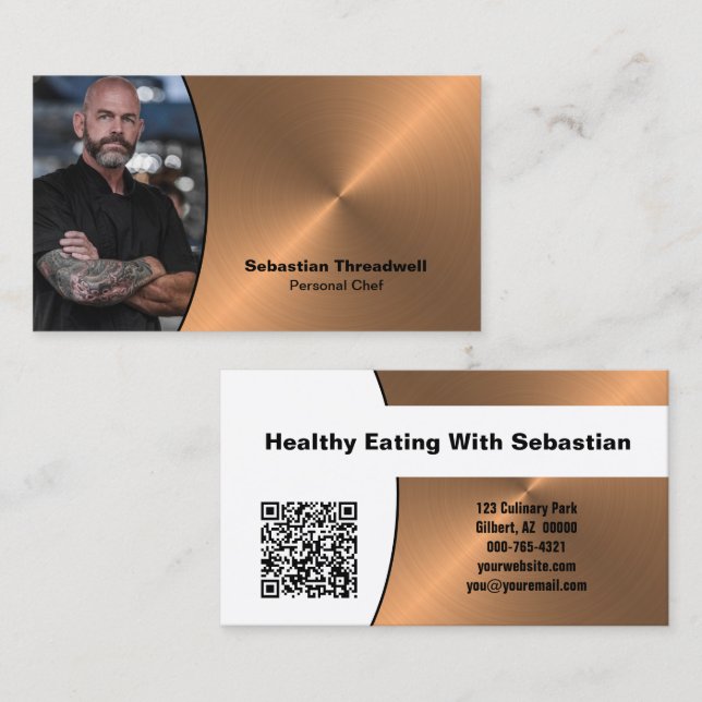 Chef Faux Copper Professional Photo QR Code  Visitkort (Fram/baksida)