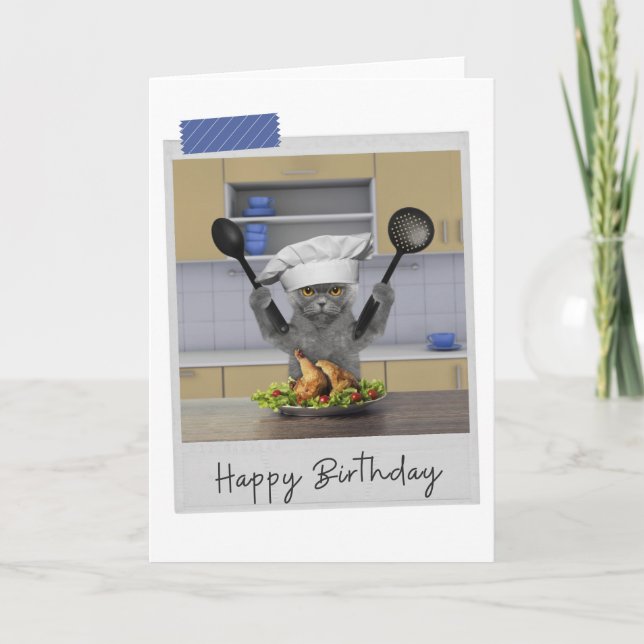 Chef Grey Cat Funny Birthday Card Kort (Framsida)