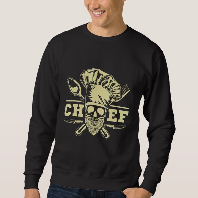 Chef Grill Skull Beard Cook Kitchen Tatto Cooking Lång Ärmad Tröja (Framsida)