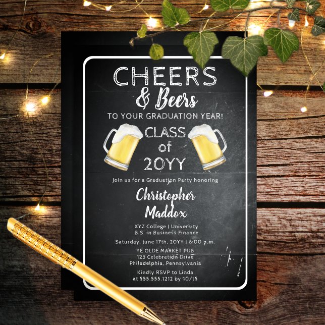 Chef och Öl till Ditt Studenten-år Party Inbjudningar (Rustic Cheers and Beers To Your Graduation Year Party Invitation - Print | Download)