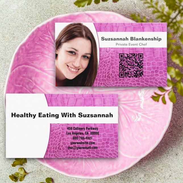Chef Rosa Leather Struktur Anpassningsbar Photo QR Visitkort (front and back business card)