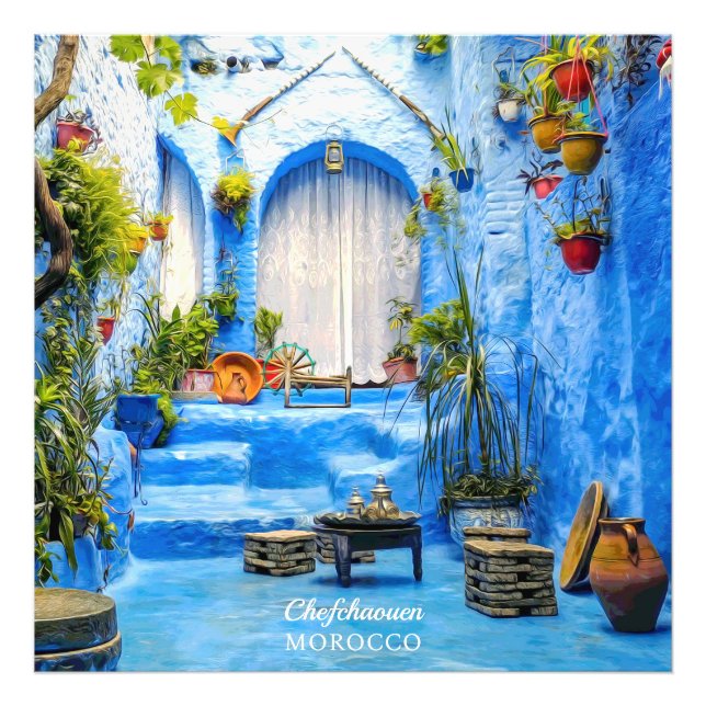 Chefchaouen Blue City Marocko Oljemålning Boho Fototryck (Framsidan)