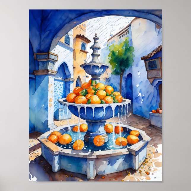 Chefchaouen Marocko Orange Fontän Watercolor Poster (Framsidan)