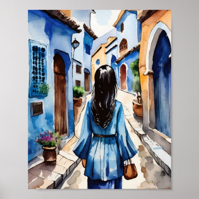 Chefchaouen Marocko Watercolor Poster (Framsidan)