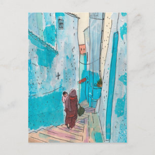 Chefchaouen Marockos Pappra samlingsplats Sketch Vykort