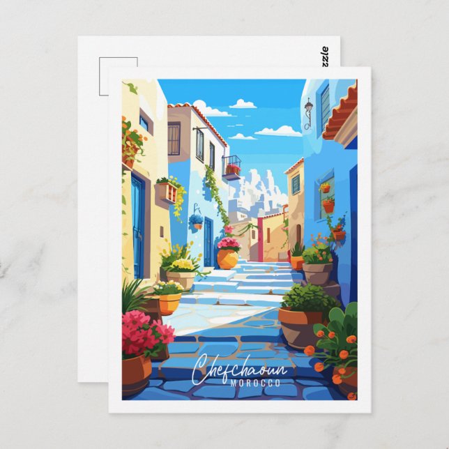 Chefchaoun Marocko vintage resor illustration Vykort (Fram/baksida)