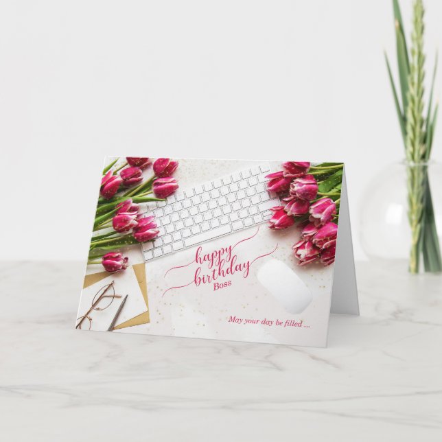 Chefens födelsedag Rosa tulpaner och skrivbord Kort (Framsida)
