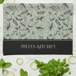 Chef's Kitchen Sage Grönt Modern Fall Illustration Kökshandduk