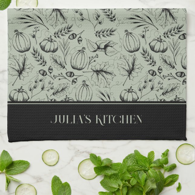 Chef's Kitchen Sage Grönt Modern Fall Illustration Kökshandduk (Vikta)
