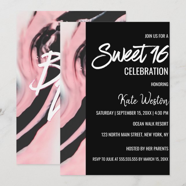Chefslady Rosa Svart Målad Marmor Sweet 16 Inbjudningar (Fram/baksida)