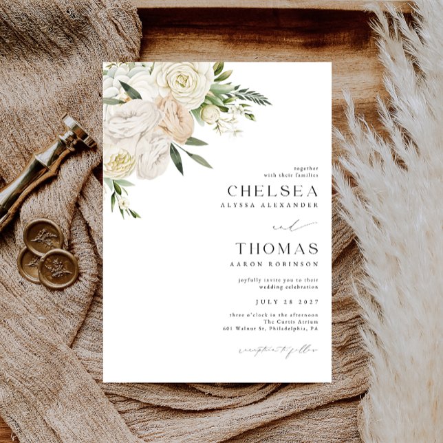 CHELSEA Watercolor White Blooms Wedding Invitation Inbjudningar (Skapare uppladdad)