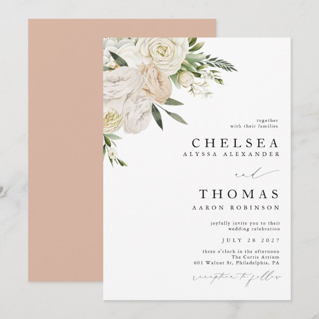 CHELSEA Watercolor White Blooms Wedding Invitation Inbjudningar (Fram/baksida)