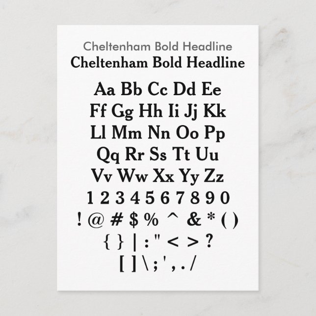 Cheltenham Bold Headline - Zazzle Font Sampler Vykort (Framsida)