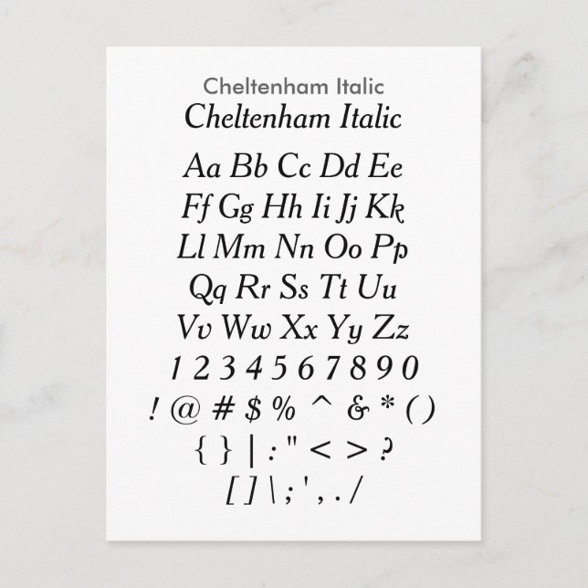 Cheltenham Italic - Zazzle Font Sample Lakan Vykort (Framsida)