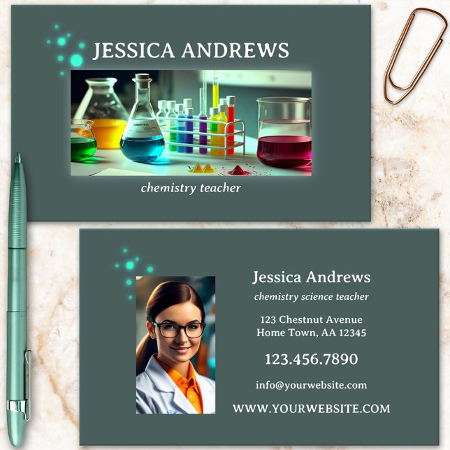 Chemistry Science Teacher Tutor Photo Visitkort (Chemist, chemistry teacher or tutor business card with custom photo)