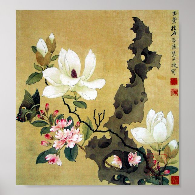 Chen Hongshou Magnolia och Erect Sten Poster (Framsidan)