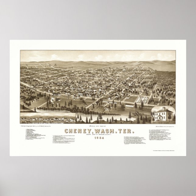 Cheney, WA Panoramic Karta - 1884 Poster (Framsidan)